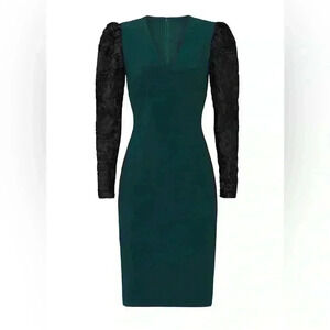 Badgley Mischka Green Black Lace Long Sleeve Sheath Dress Whimsigoth Witchy‎